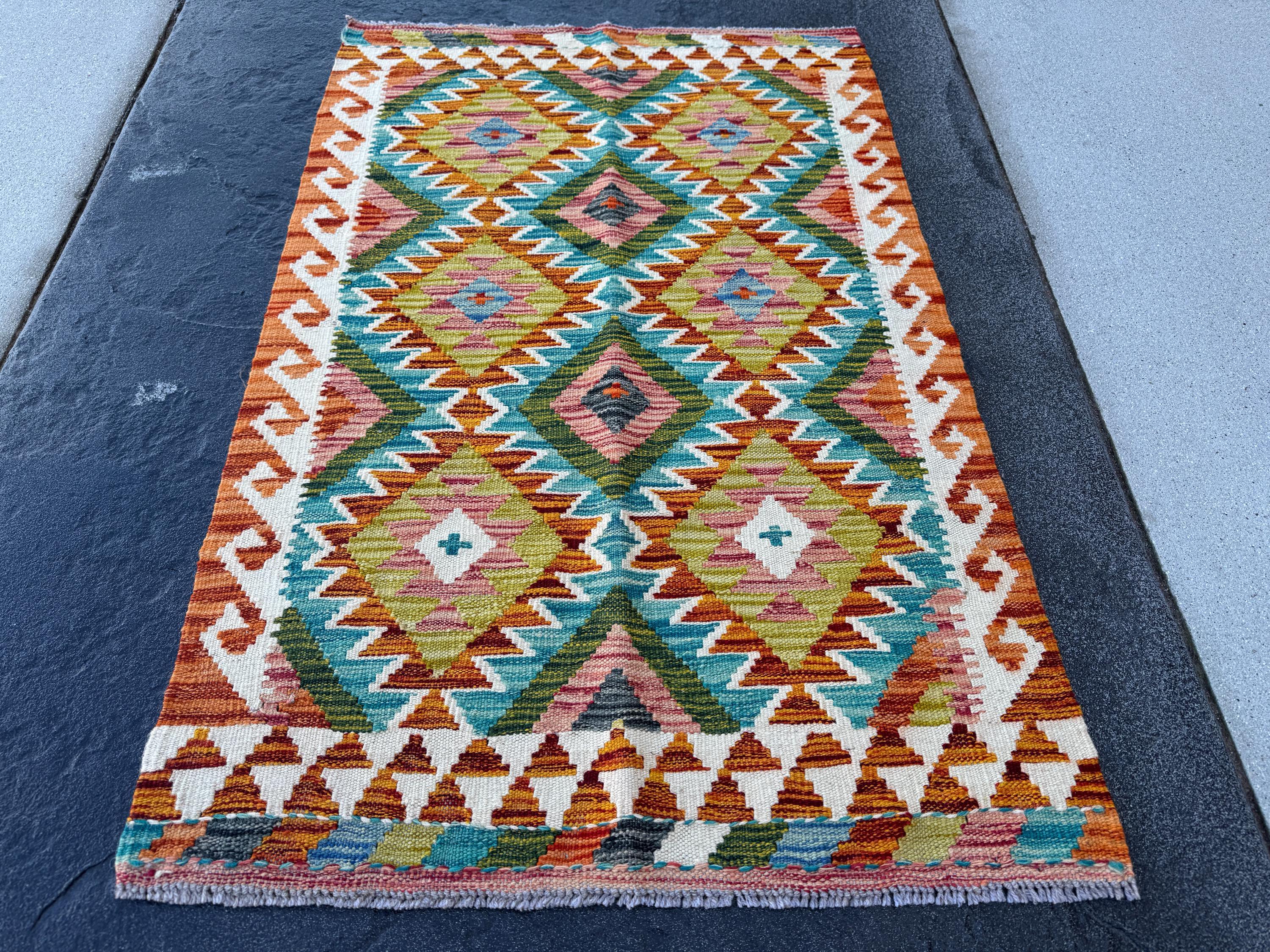 3x4 (91x121) Handmade Afghan Kilim Rug | Burnt Orange Cream White Teal Aqua Blue Forest Emerald Olive Green Brick Red Grey | Wool Flatweave