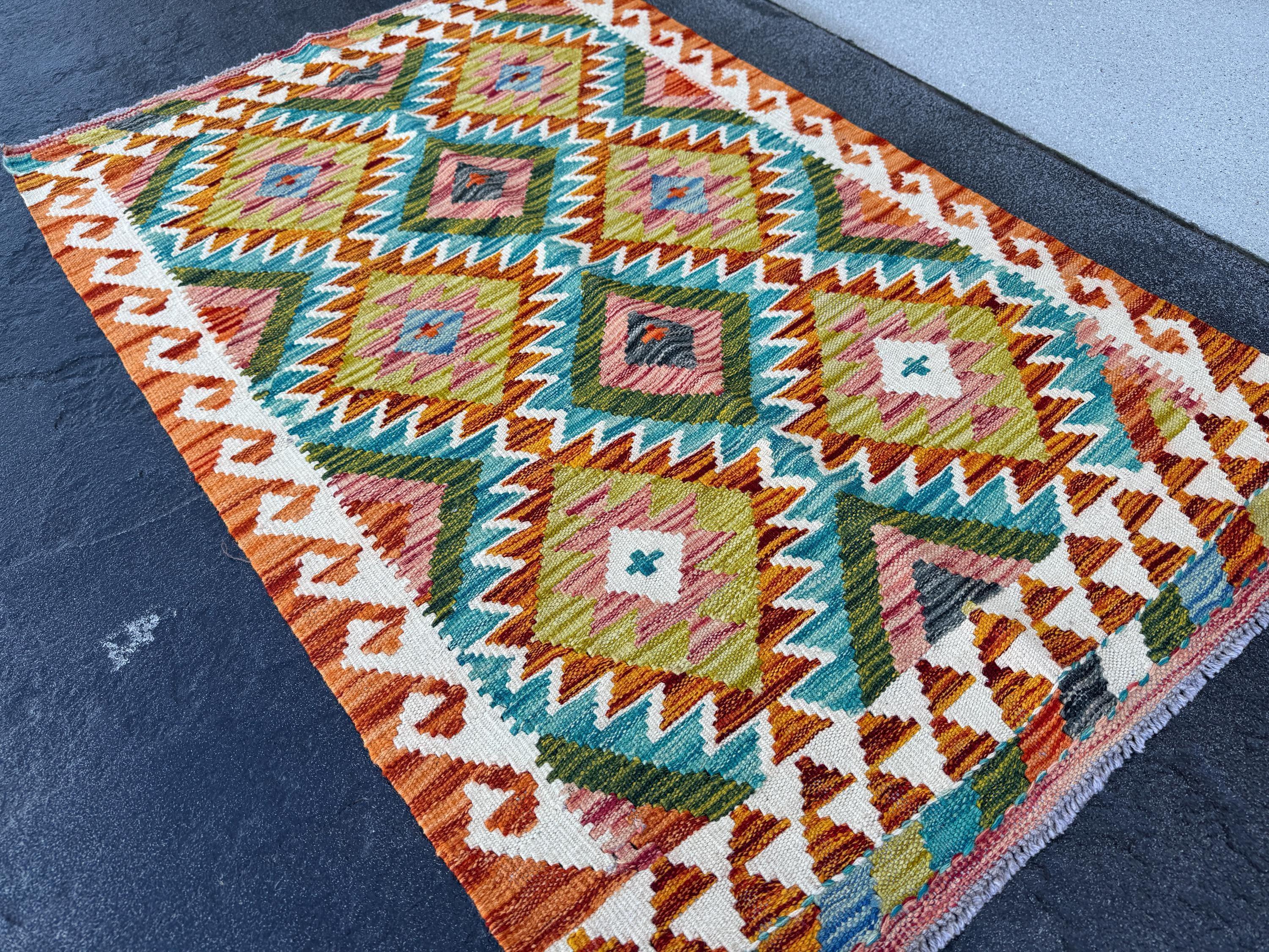 3x4 (91x121) Handmade Afghan Kilim Rug | Burnt Orange Cream White Teal Aqua Blue Forest Emerald Olive Green Brick Red Grey | Wool Flatweave