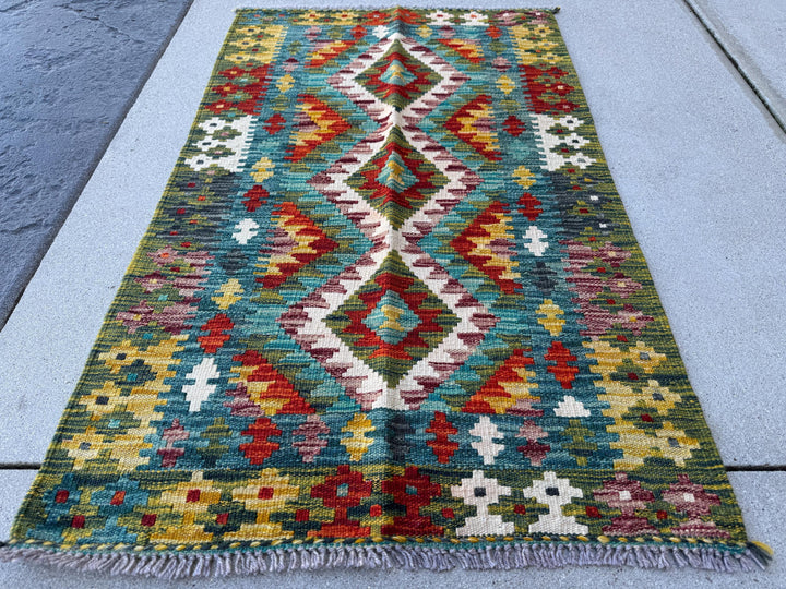 2x4 (60x121) Handmade Afghan Kilim Rug | Forest Emerald Green Mustard Yellow Crimson Burgundy Red Teal Navy Prussian Blue Cream White | Wool