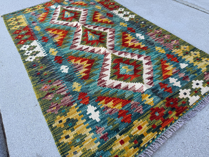 2x4 (60x121) Handmade Afghan Kilim Rug | Forest Emerald Green Mustard Yellow Crimson Burgundy Red Teal Navy Prussian Blue Cream White | Wool