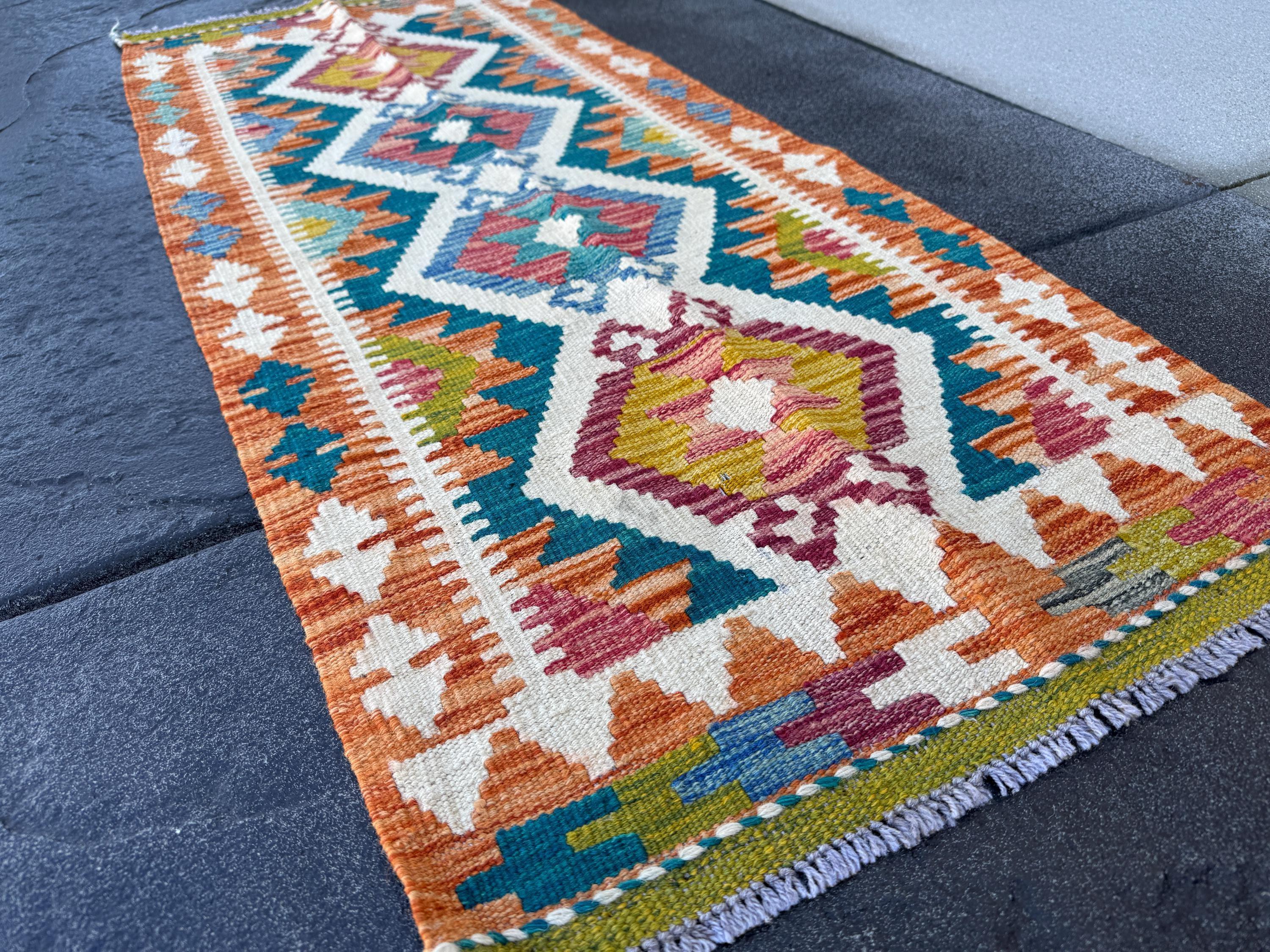 2x5 (50x152) Handmade Afghan Kilim Runner Rug | Orange Moss Chartreuse Olive Green Mustard Teal Denim Blue Burgundy Red Cream White | Wool