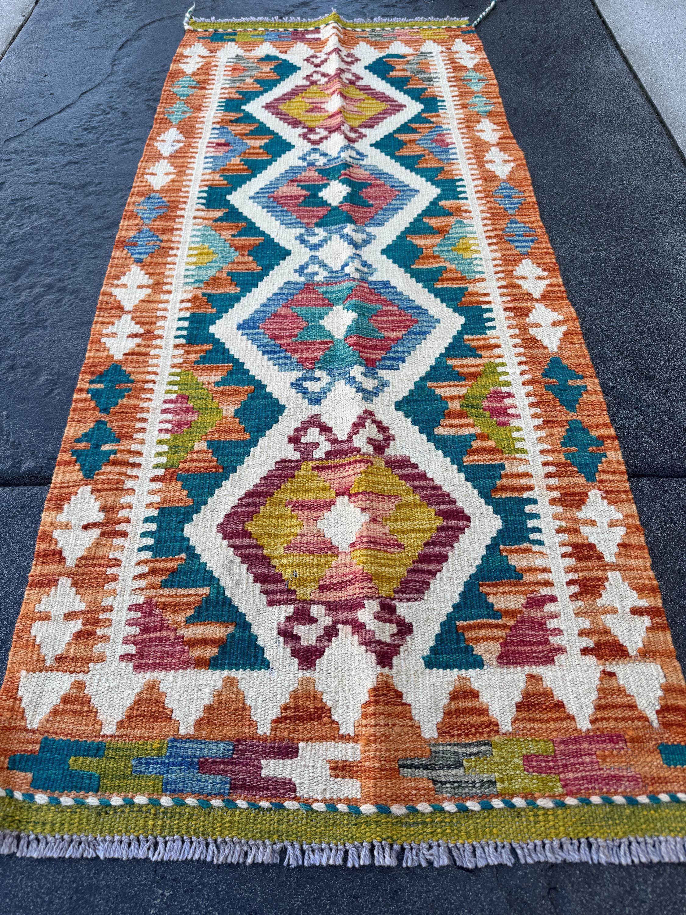 2x5 (50x152) Handmade Afghan Kilim Runner Rug | Orange Moss Chartreuse Olive Green Mustard Teal Denim Blue Burgundy Red Cream White | Wool