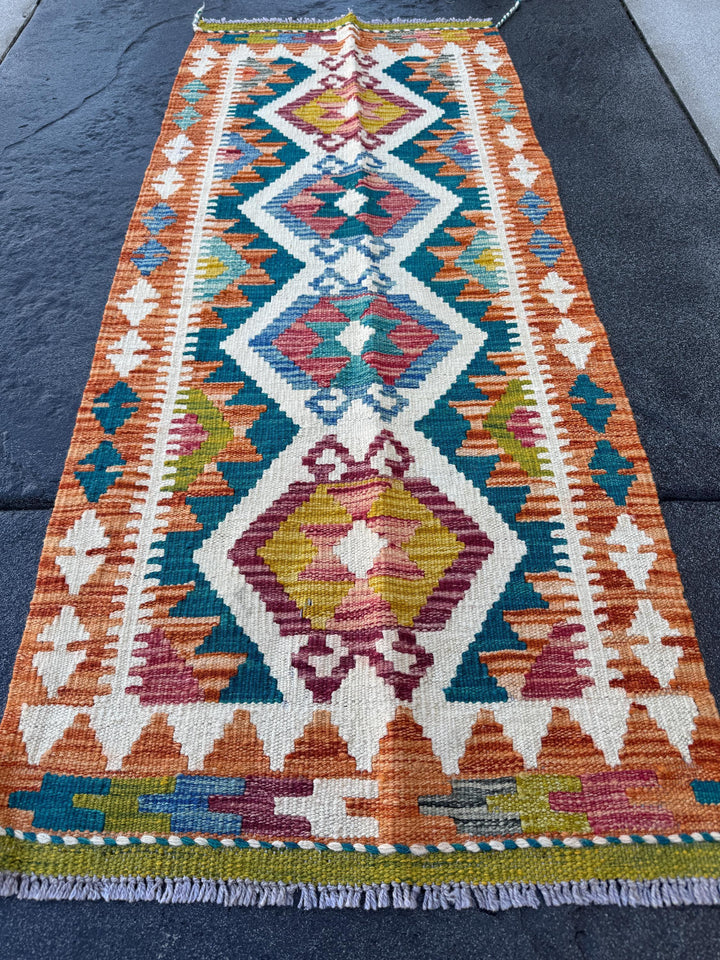 2x5 (50x152) Handmade Afghan Kilim Runner Rug | Orange Moss Chartreuse Olive Green Mustard Teal Denim Blue Burgundy Red Cream White | Wool