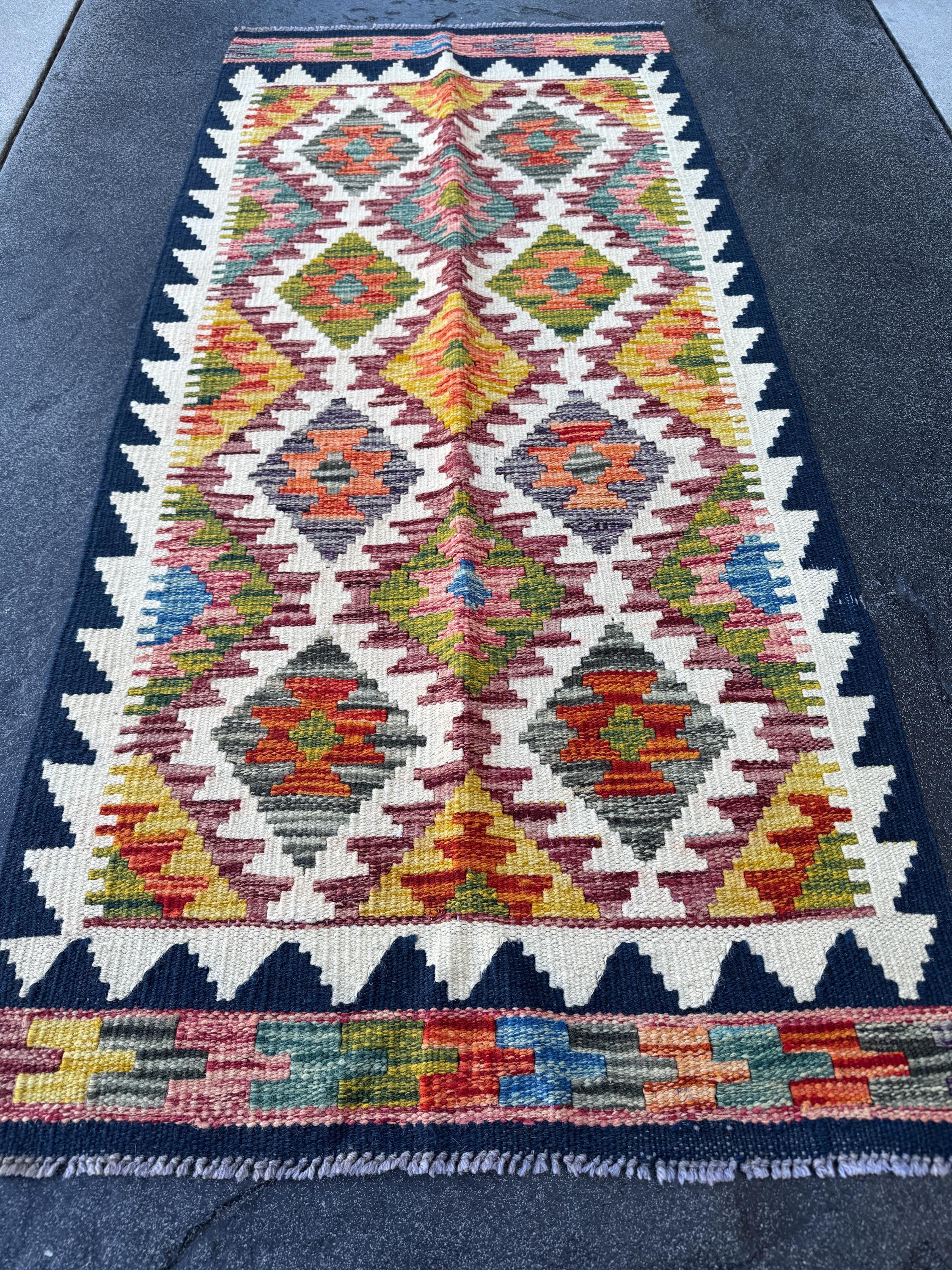 2x5 Handmade Afghan Kilim Runner Rug | Midnight Navy Denim Blue Burnt Orange Mustard Yellow Grey Maroon Crimson Red Moss Green Cream | Wool