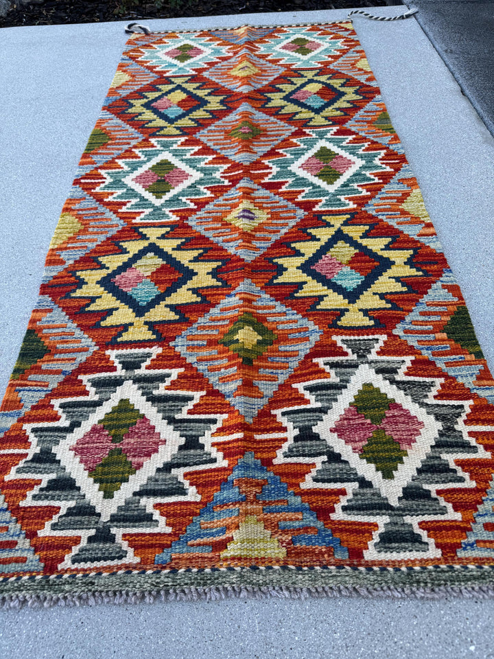 2x5 (50x152) Handmade Afghan Kilim Runner Rug | Crimson Red Burnt Orange Forest Green Yellow Grey Teal Denim Midnight Blue Cream White Wool