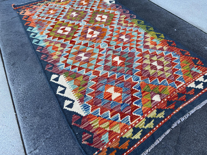 3x5 (91x152) Handmade Afghan Kilim Rug | Navy Midnight Baby Denim Blue Orange Crimson Red Cream White Olive Pine Moss Green Teal Purple Wool