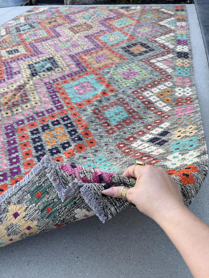 7x10 Handmade Afghan Kilim Rug | Grey Rose Blush Pink Magenta Purple Orange Peach Saffron Aqua Midnight Navy Blue Maroon Mint Green White