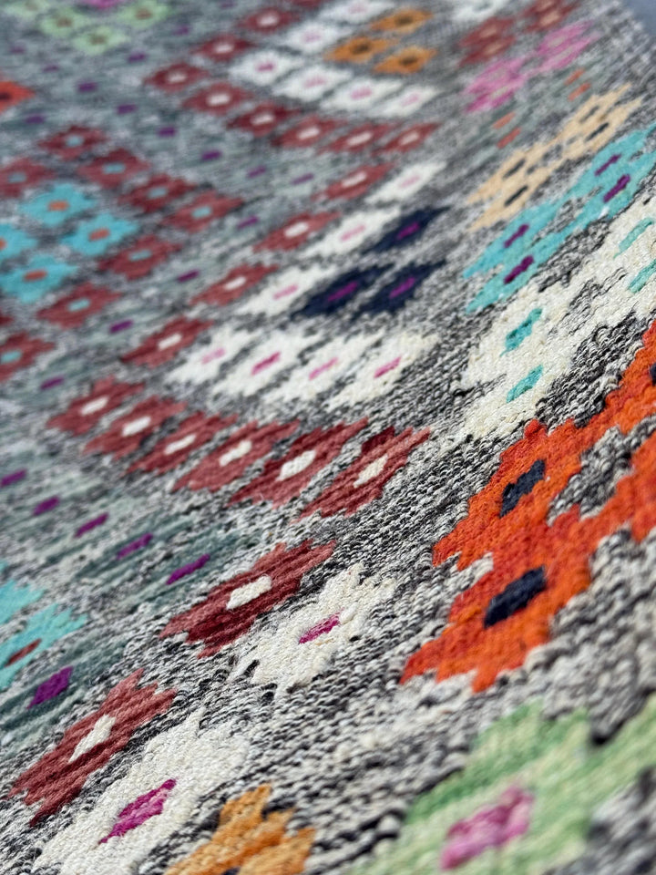 7x10 Handmade Afghan Kilim Rug | Grey Rose Blush Pink Magenta Purple Orange Peach Saffron Aqua Midnight Navy Blue Maroon Mint Green White