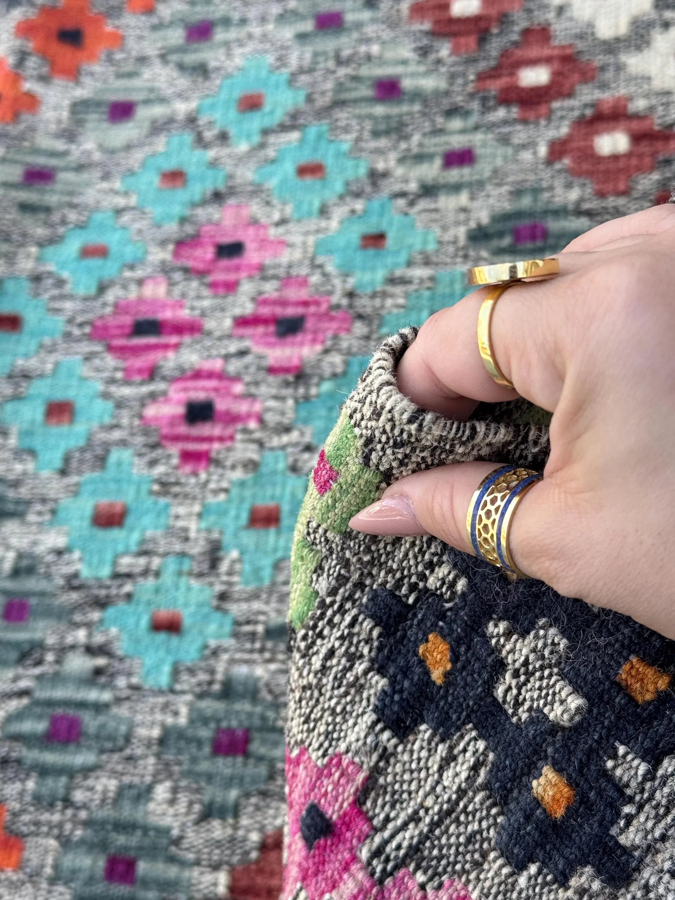 7x10 Handmade Afghan Kilim Rug | Grey Rose Blush Pink Magenta Purple Orange Peach Saffron Aqua Midnight Navy Blue Maroon Mint Green White