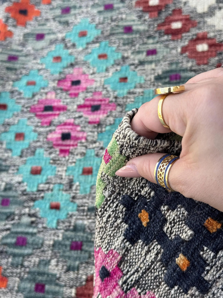 7x10 Handmade Afghan Kilim Rug | Grey Rose Blush Pink Magenta Purple Orange Peach Saffron Aqua Midnight Navy Blue Maroon Mint Green White