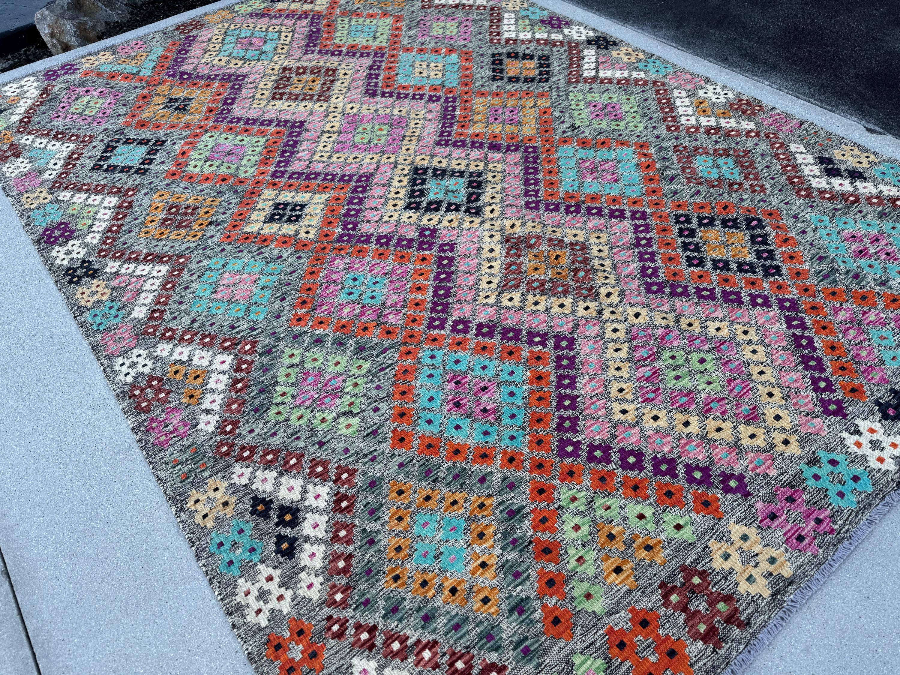 7x10 Handmade Afghan Kilim Rug | Grey Rose Blush Pink Magenta Purple Orange Peach Saffron Aqua Midnight Navy Blue Maroon Mint Green White