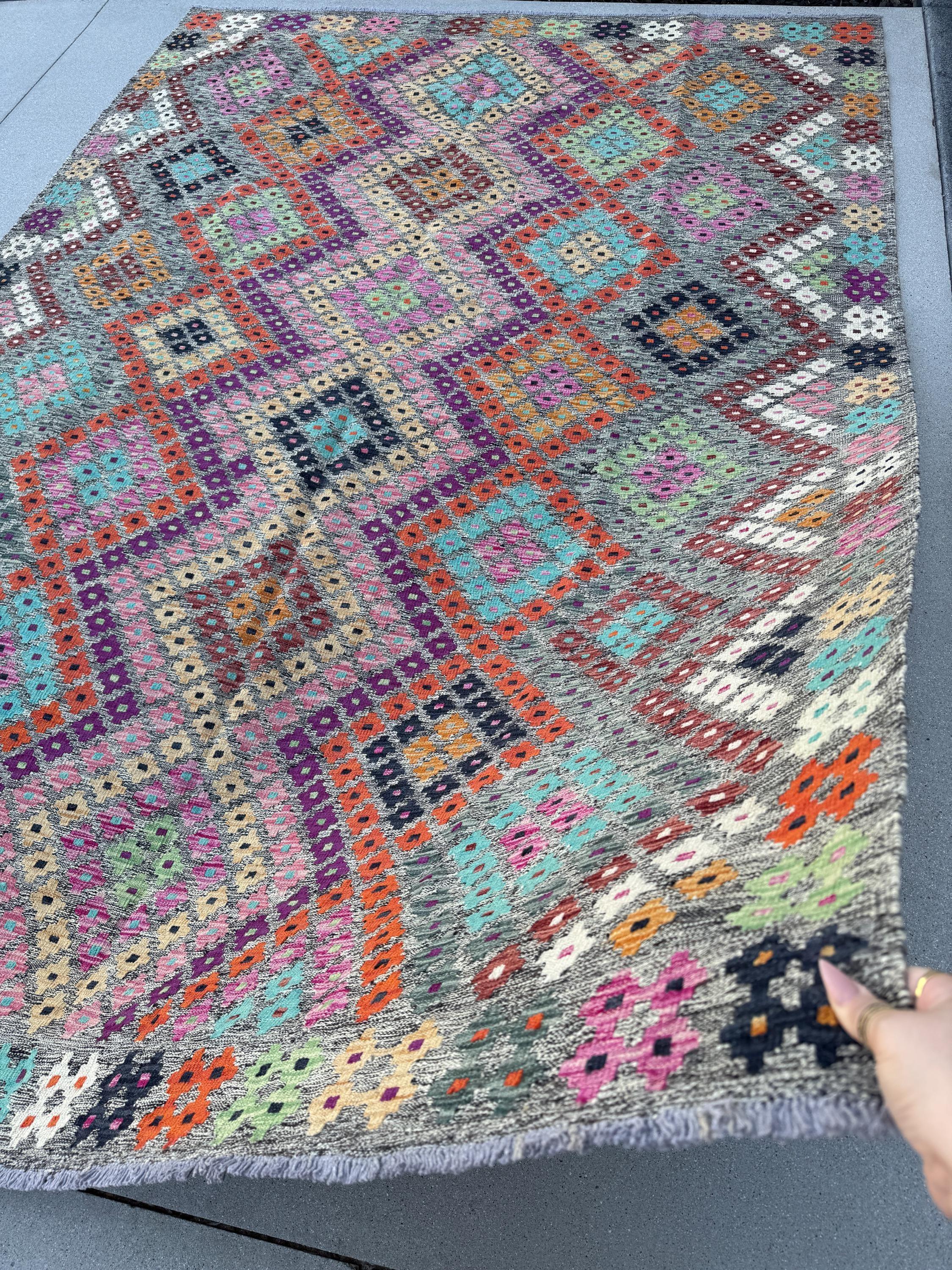 7x10 Handmade Afghan Kilim Rug | Grey Rose Blush Pink Magenta Purple Orange Peach Saffron Aqua Midnight Navy Blue Maroon Mint Green White