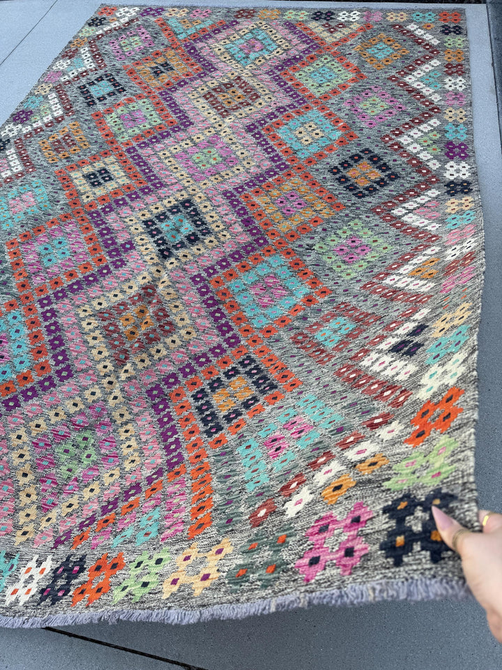 7x10 Handmade Afghan Kilim Rug | Grey Rose Blush Pink Magenta Purple Orange Peach Saffron Aqua Midnight Navy Blue Maroon Mint Green White