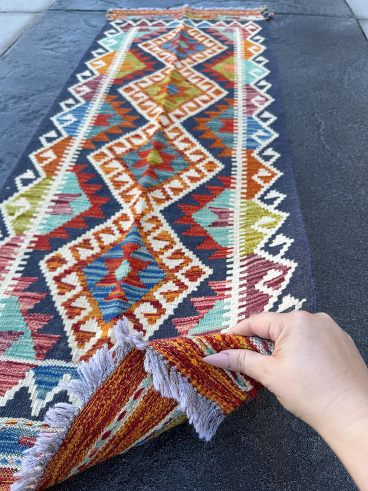 2x5 (60x152) Handmade Afghan Kilim Runner Rug | Navy Midnight Aqua Denim Blue Crimson Red Cream White Maroon Purple Orange Moss Olive Green