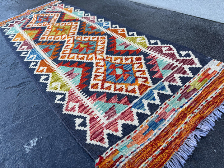 2x5 (60x152) Handmade Afghan Kilim Runner Rug | Navy Midnight Aqua Denim Blue Crimson Red Cream White Maroon Purple Orange Moss Olive Green