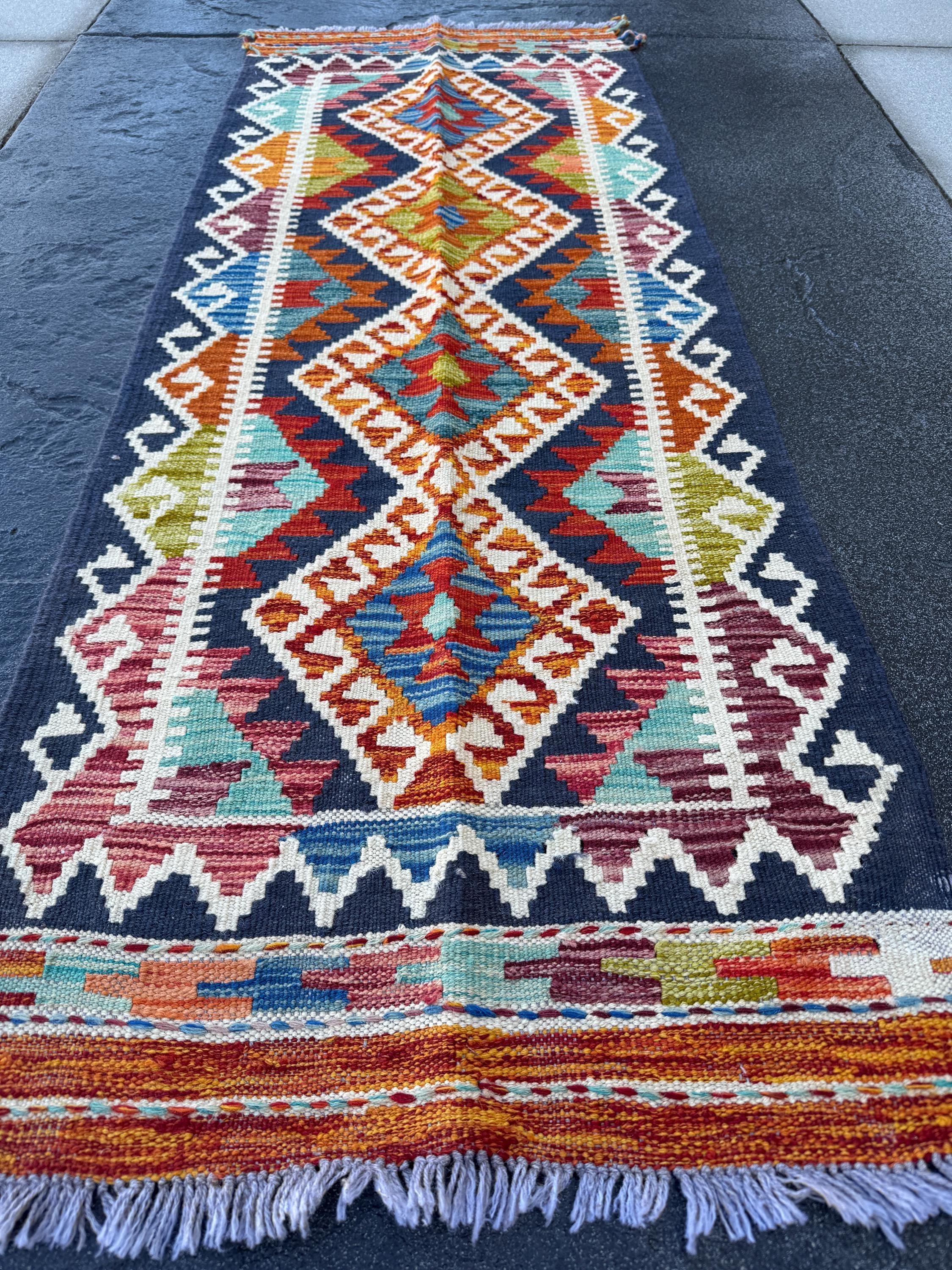 2x5 (60x152) Handmade Afghan Kilim Runner Rug | Navy Midnight Aqua Denim Blue Crimson Red Cream White Maroon Purple Orange Moss Olive Green