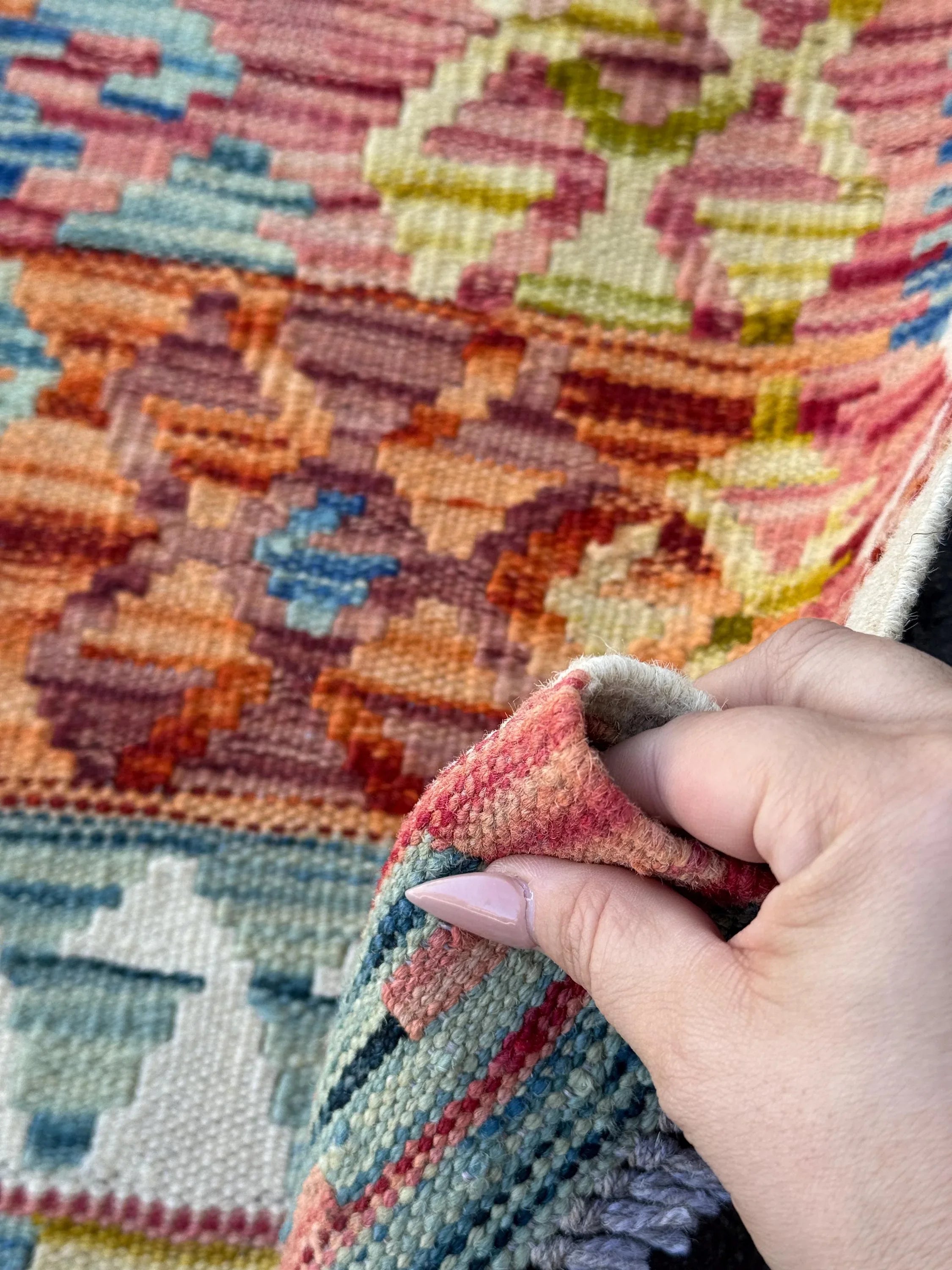 3x4 (91x121) Handmade Afghan Kilim Rug | Cream Teal Denim Blue Orange Brick Maroon Burgundy Garnet Red Moss Olive Green Mustard Yellow Wool