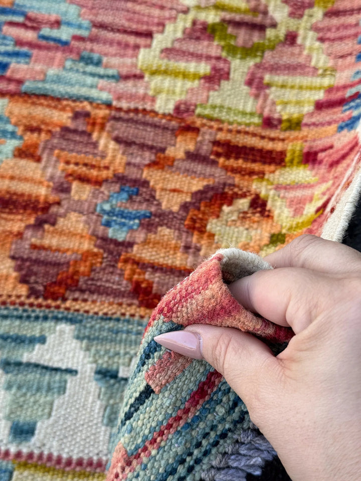 3x4 (91x121) Handmade Afghan Kilim Rug | Cream Teal Denim Blue Orange Brick Maroon Burgundy Garnet Red Moss Olive Green Mustard Yellow Wool