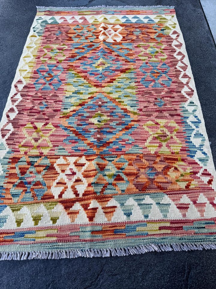 3x4 (91x121) Handmade Afghan Kilim Rug | Cream Teal Denim Blue Orange Brick Maroon Burgundy Garnet Red Moss Olive Green Mustard Yellow Wool