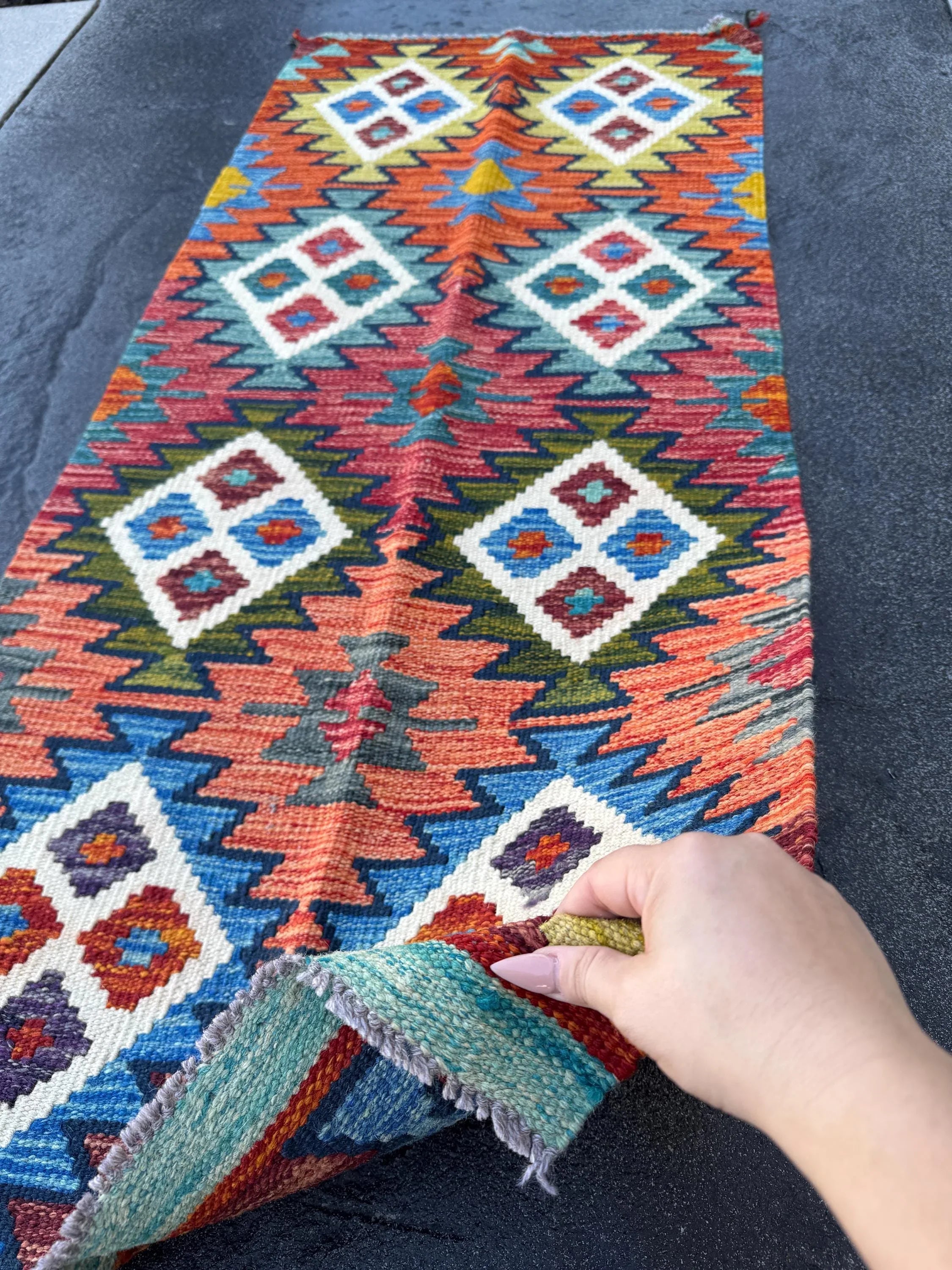 2x5 Handmade Afghan Kilim Runner Rug | Denim Aqua Navy Blue Olive Moss Forest Green Orange Grey Cream White Burgundy Maroon Crimson Red Teal