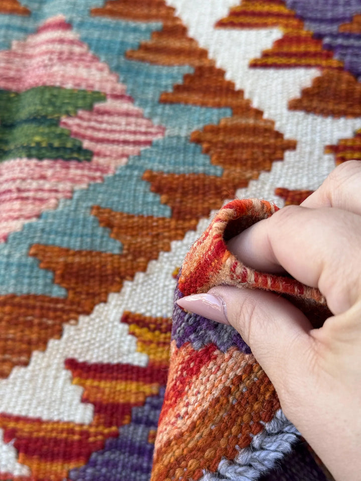 3x4 (91x121) Handmade Afghan Kilim Rug | Red Burnt Orange Eggplant Purple Chartreuse Moss Forest Olive Green Teal White Cream | Wool
