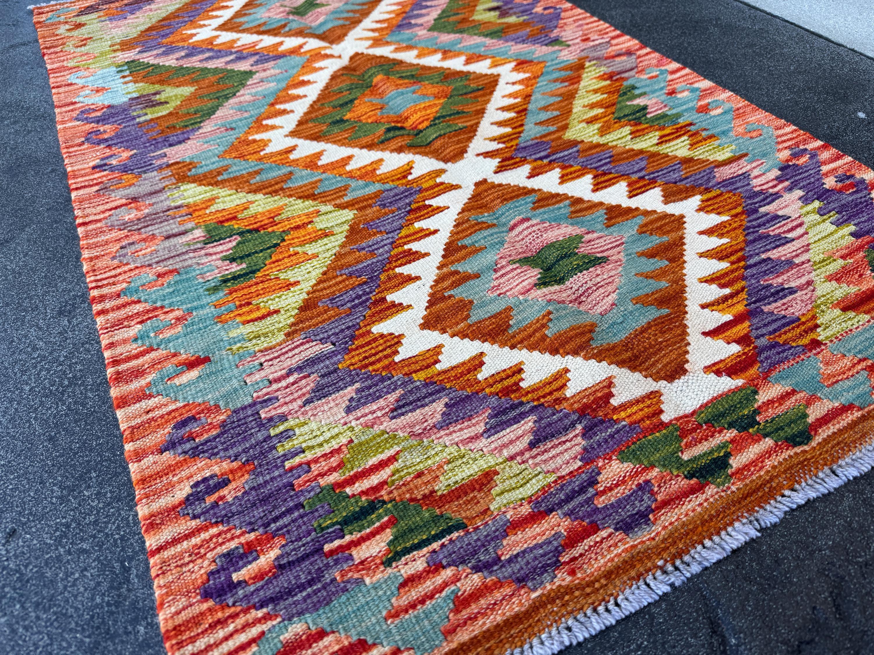 3x4 (91x121) Handmade Afghan Kilim Rug | Red Burnt Orange Eggplant Purple Chartreuse Moss Forest Olive Green Teal White Cream | Wool