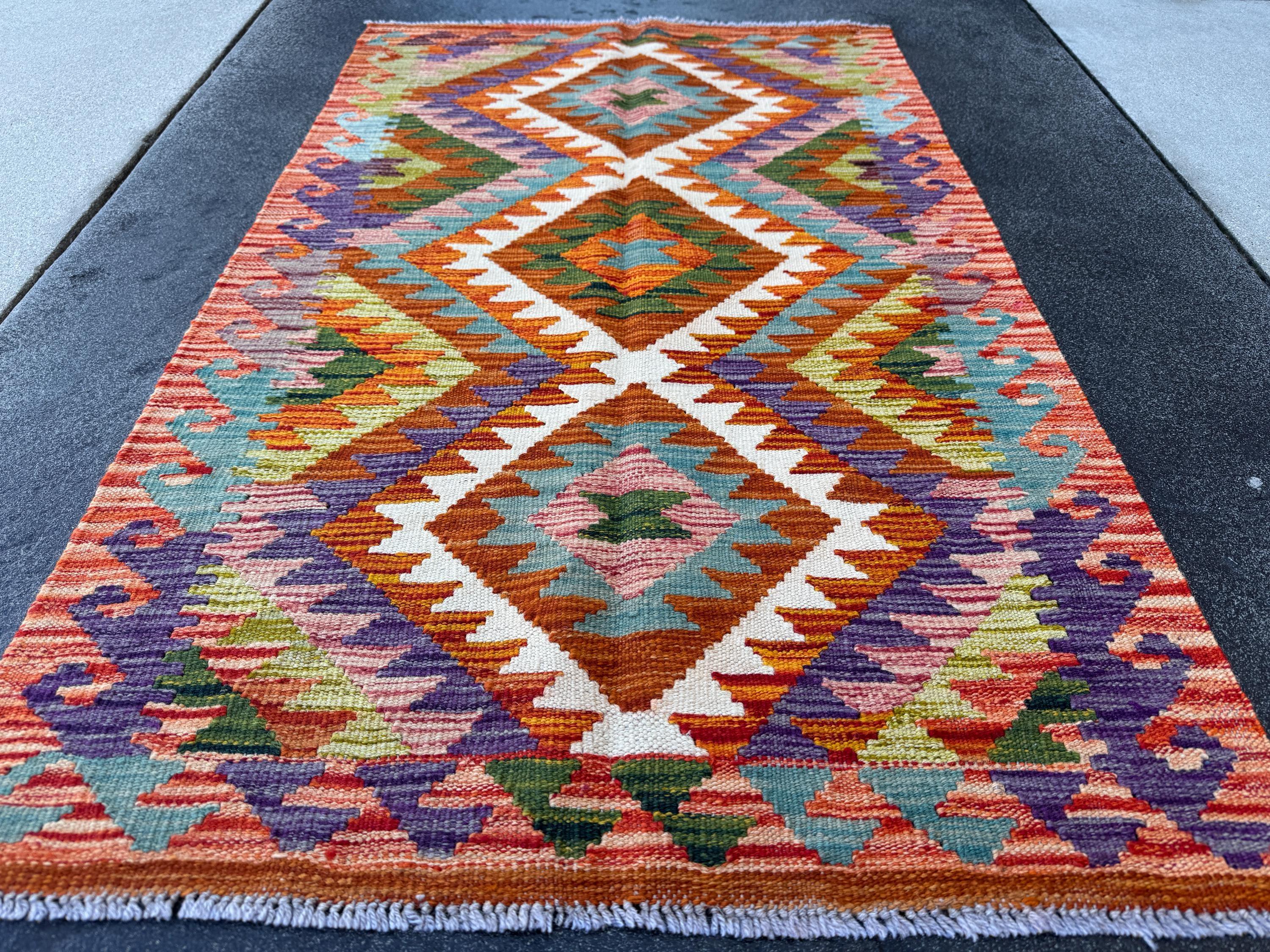3x4 (91x121) Handmade Afghan Kilim Rug | Red Burnt Orange Eggplant Purple Chartreuse Moss Forest Olive Green Teal White Cream | Wool