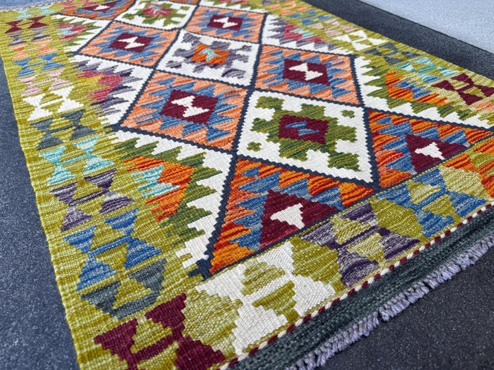 3x4 (91x121) Handmade Afghan Kilim Rug | Chartreuse Forest Moss Olive Green Orange Denim Aqua Blue White Cream Grey Black Red | Wool