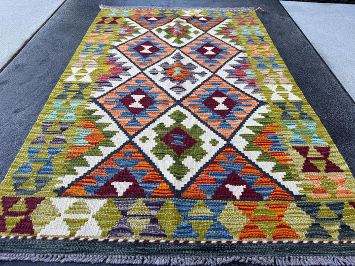 3x4 (91x121) Handmade Afghan Kilim Rug | Chartreuse Forest Moss Olive Green Orange Denim Aqua Blue White Cream Grey Black Red | Wool