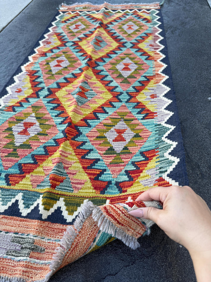 2x5 Handmade Afghan Kilim Runner Rug | Navy Midnight Aqua Teal Powder Blue Purple Maroon Grey Orange Mustard Yellow Olive Forest Green White