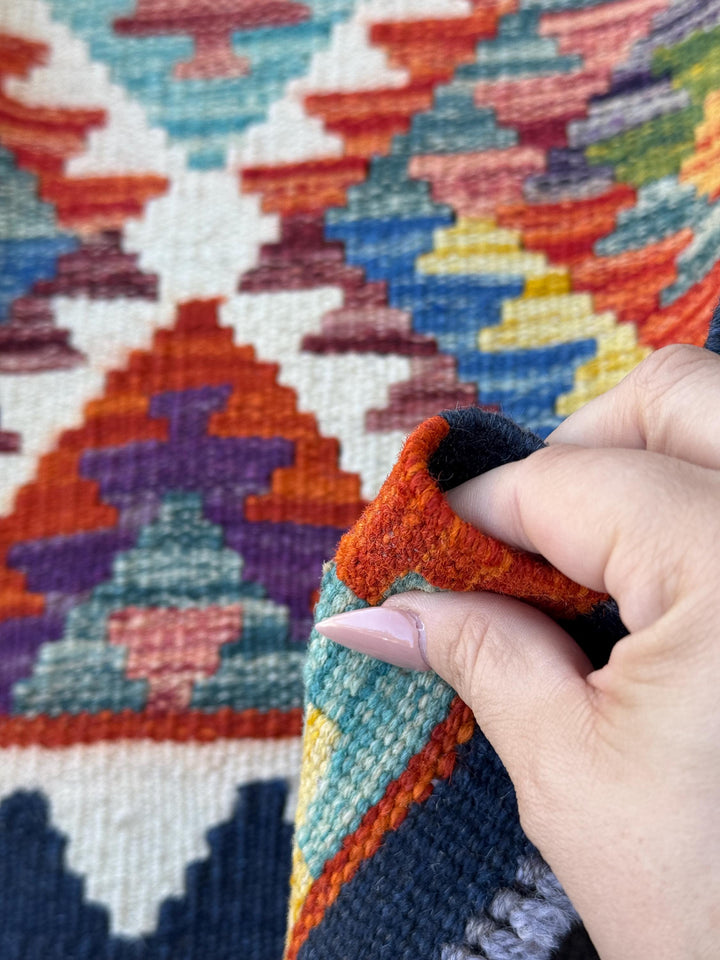 2x5 Handmade Afghan Kilim Runner Rug | Cream White Mustard Aqua Teal Sky Blue Denim Burnt Orange Brick Red Burgundy Lavender Navy
