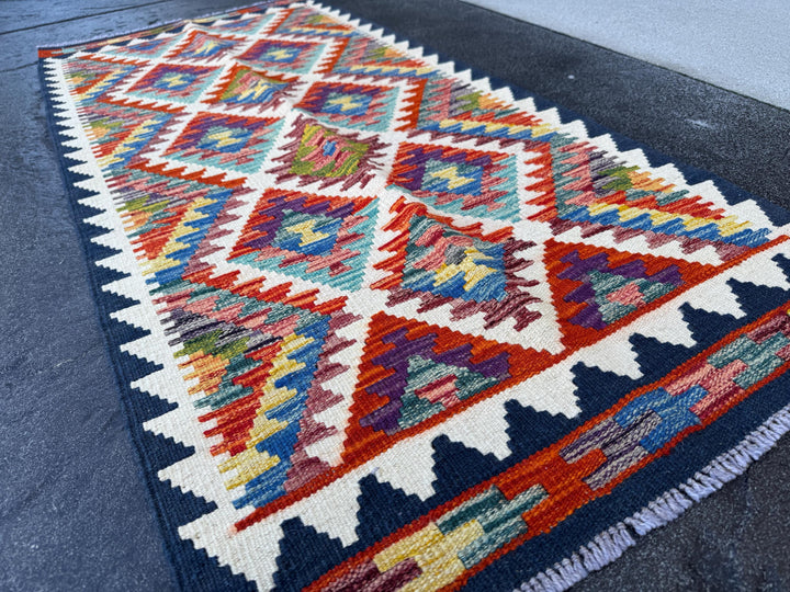 2x5 Handmade Afghan Kilim Runner Rug | Cream White Mustard Aqua Teal Sky Blue Denim Burnt Orange Brick Red Burgundy Lavender Navy