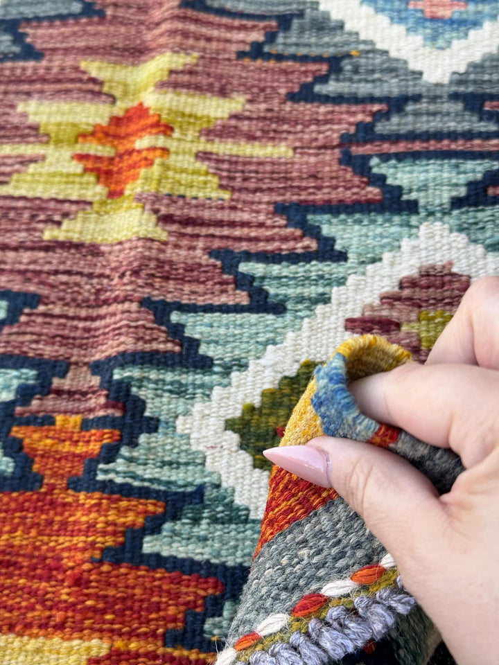 2x5 Handmade Afghan Kilim Runner Rug | Burnt Peach Orange Olive Forest Green Denim Powder Baby Prussian Navy Blue Yellow Maroon Cream | Wool