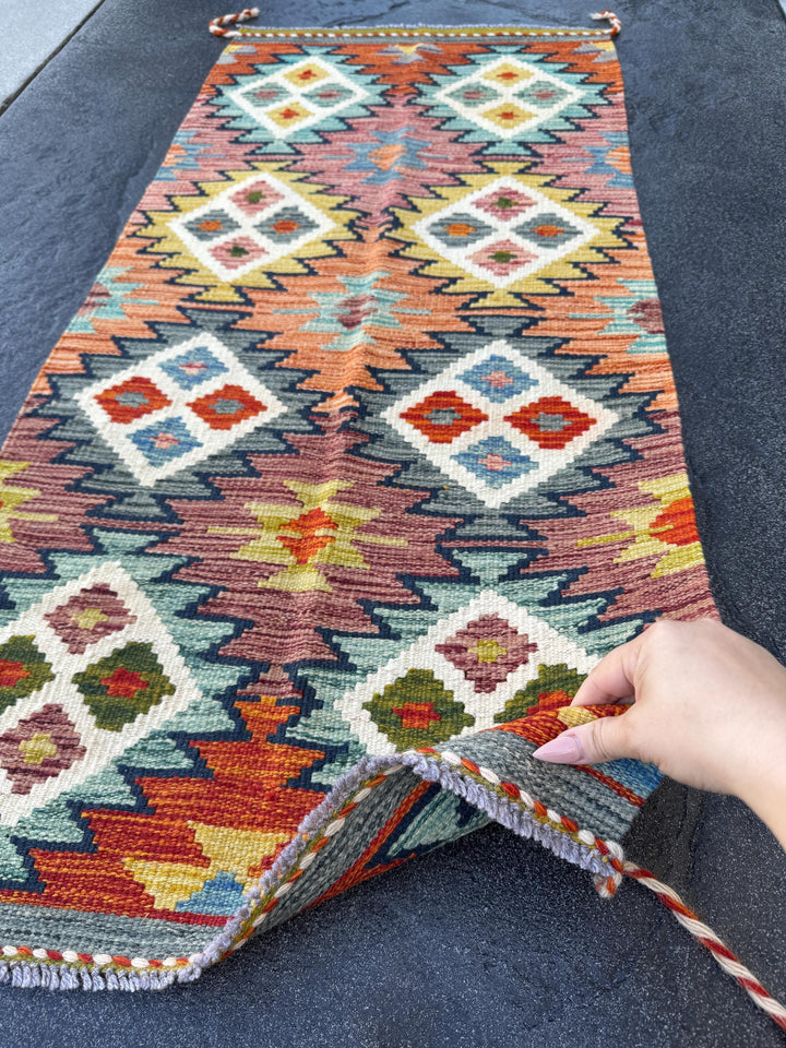 2x5 Handmade Afghan Kilim Runner Rug | Burnt Peach Orange Olive Forest Green Denim Powder Baby Prussian Navy Blue Yellow Maroon Cream | Wool