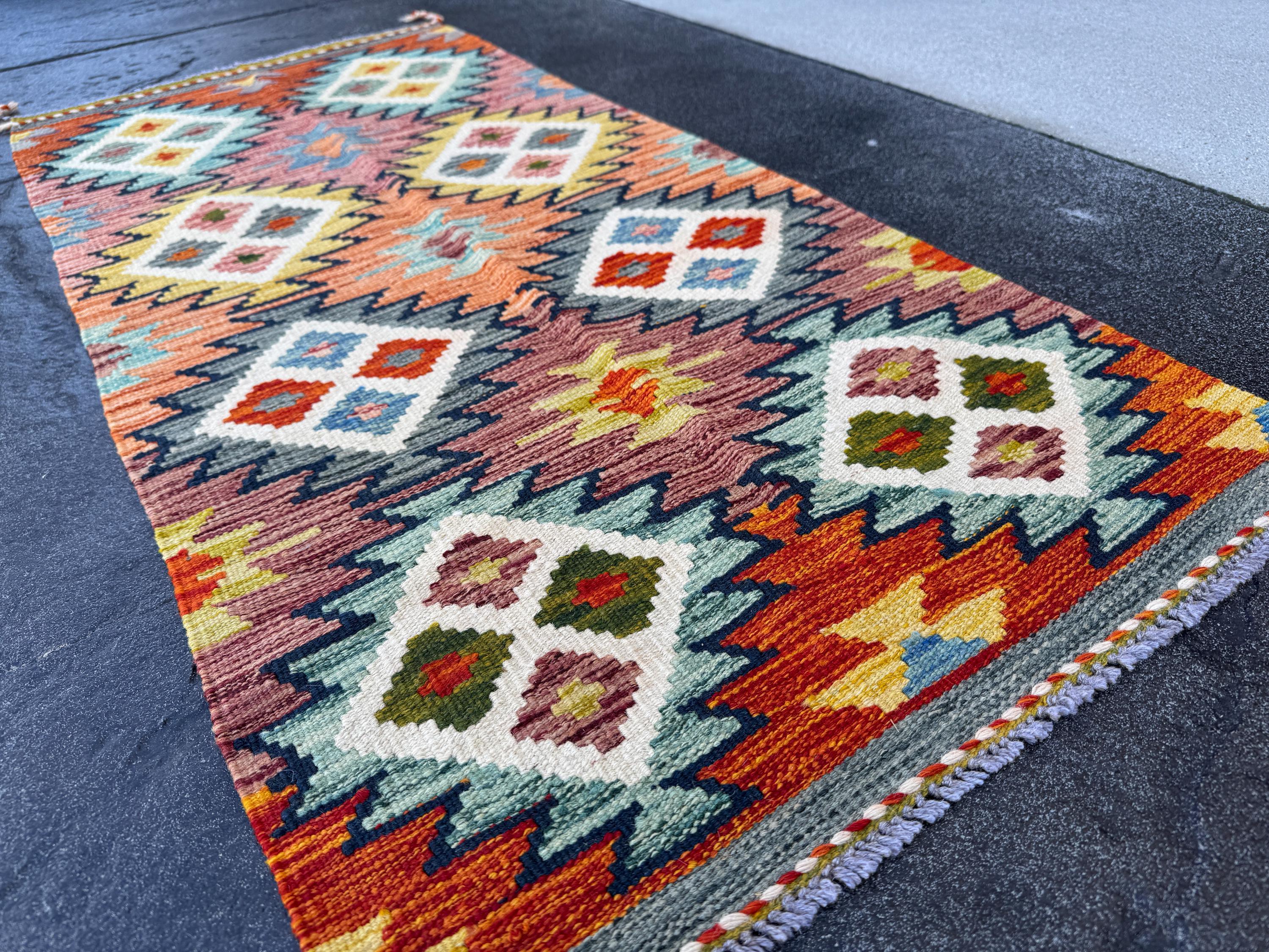 2x5 Handmade Afghan Kilim Runner Rug | Burnt Peach Orange Olive Forest Green Denim Powder Baby Prussian Navy Blue Yellow Maroon Cream | Wool