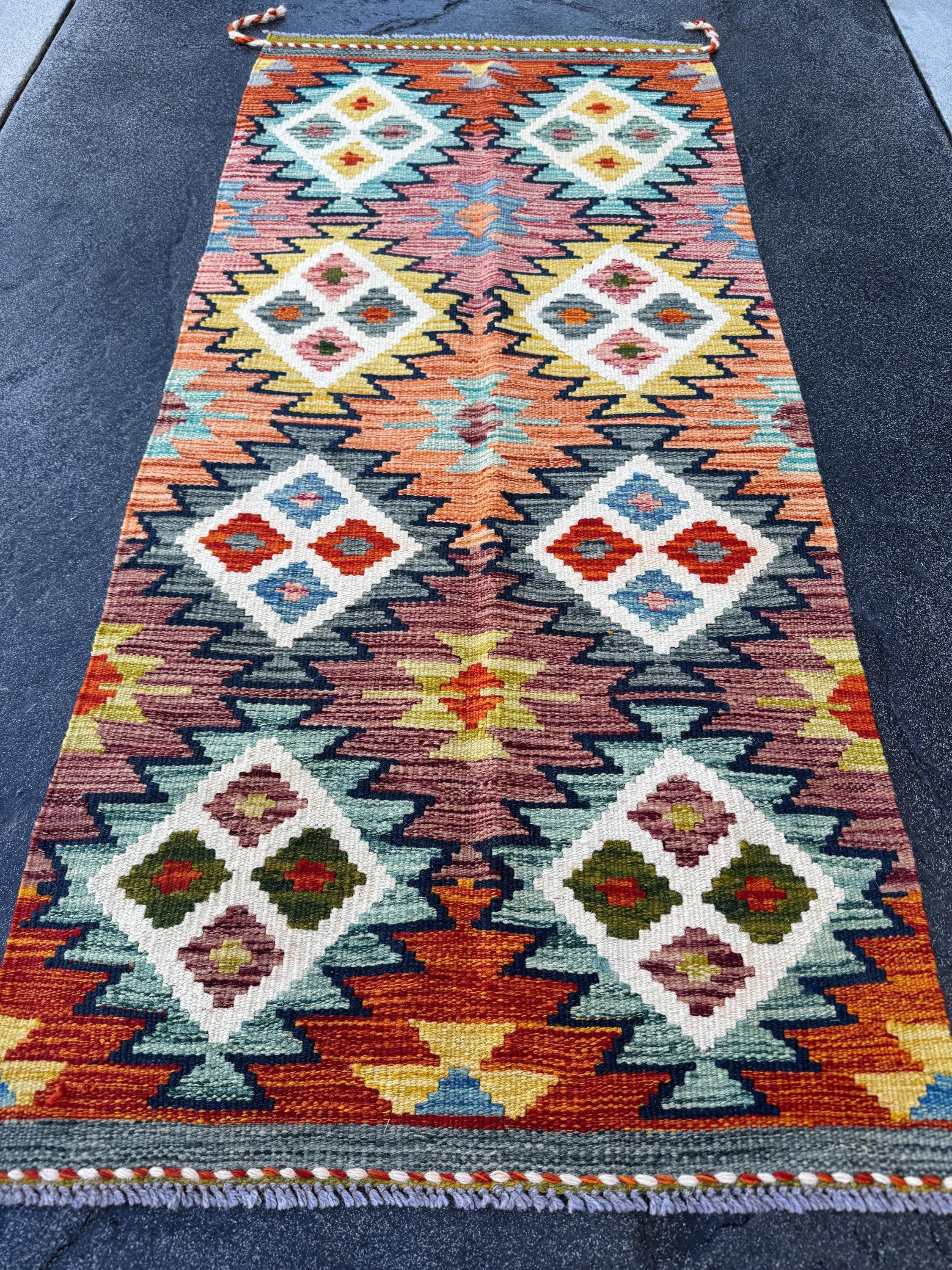 2x5 Handmade Afghan Kilim Runner Rug | Burnt Peach Orange Olive Forest Green Denim Powder Baby Prussian Navy Blue Yellow Maroon Cream | Wool
