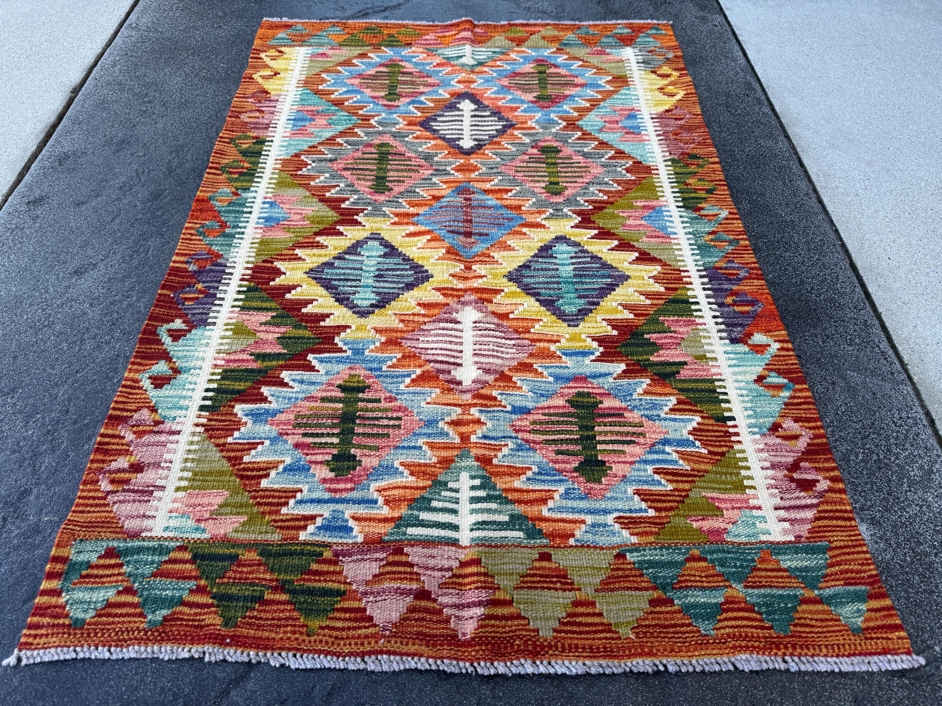 3x4 Handmade Afghan Kilim Rug | Burnt Orange Brick Auburn Red Olive Moss Army Forest Green Cream Teal Yellow Denim Baby Aqua Blue Purple