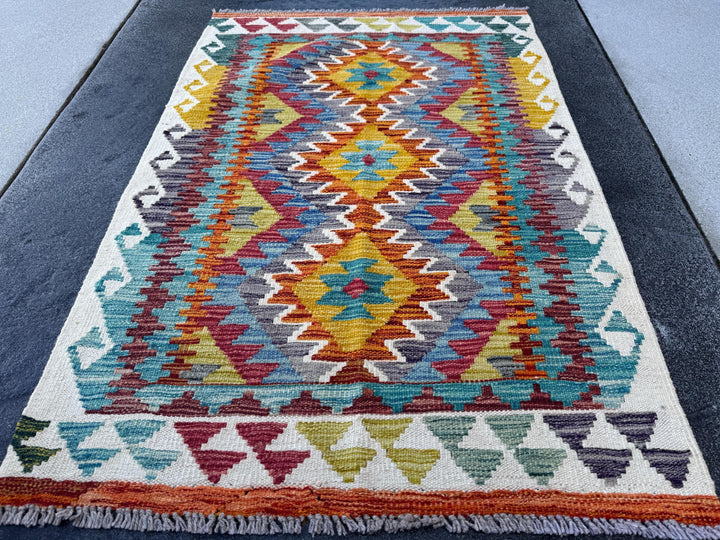 3x4 Handmade Afghan Kilim Rug | Cream Burnt Orange Teal Denim Blue Maroon Auburn Red Grey Purple Mustard Yellow Moss Olive Green | Wool