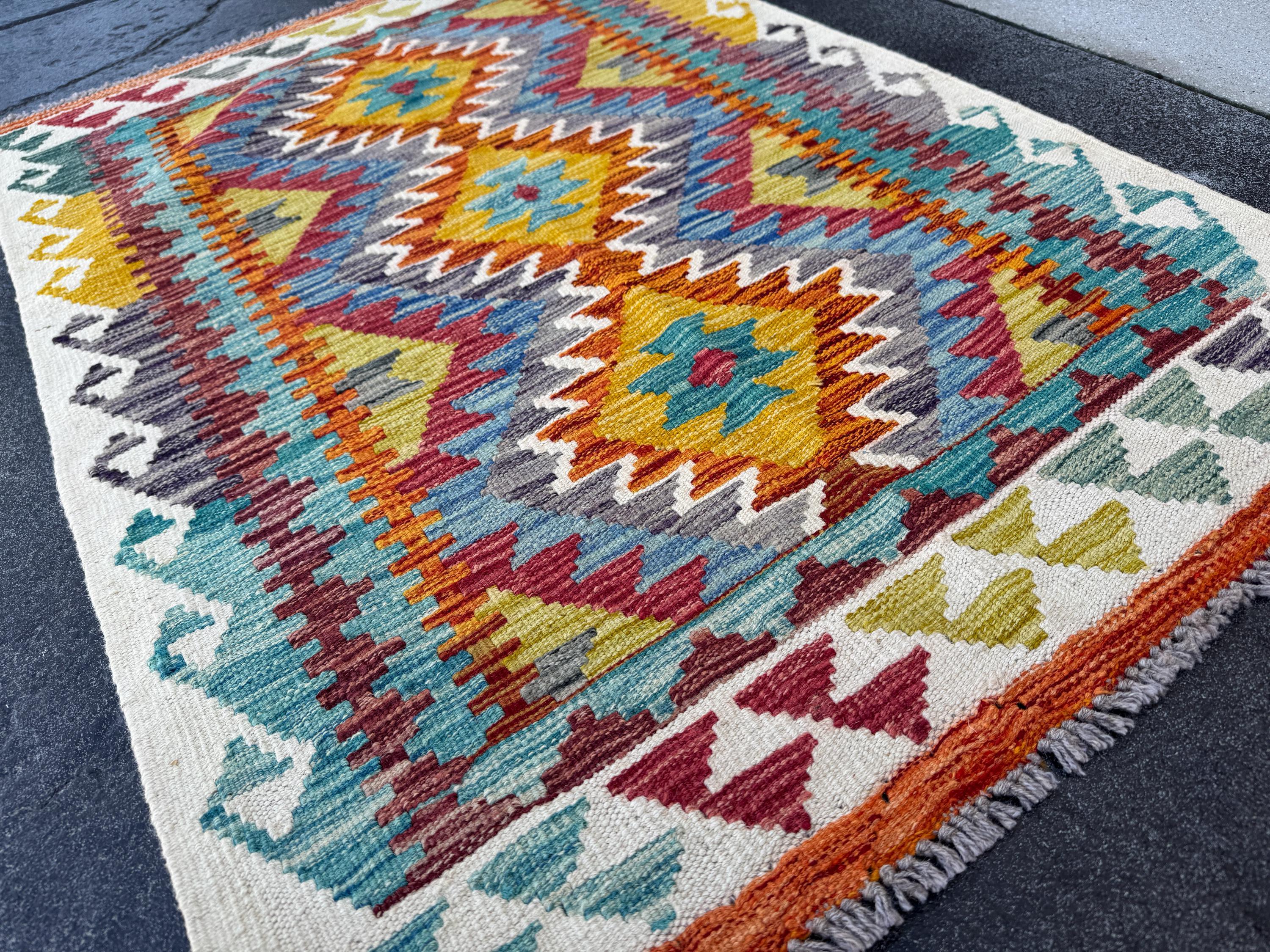 3x4 Handmade Afghan Kilim Rug | Cream Burnt Orange Teal Denim Blue Maroon Auburn Red Grey Purple Mustard Yellow Moss Olive Green | Wool