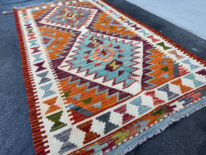 3x5 Handmade Afghan Kilim Rug | Burnt Peach Orange Cream Baby Aqua Prussian Blue Forest Moss Green Crimson Brick Red Purple Grey | Wool