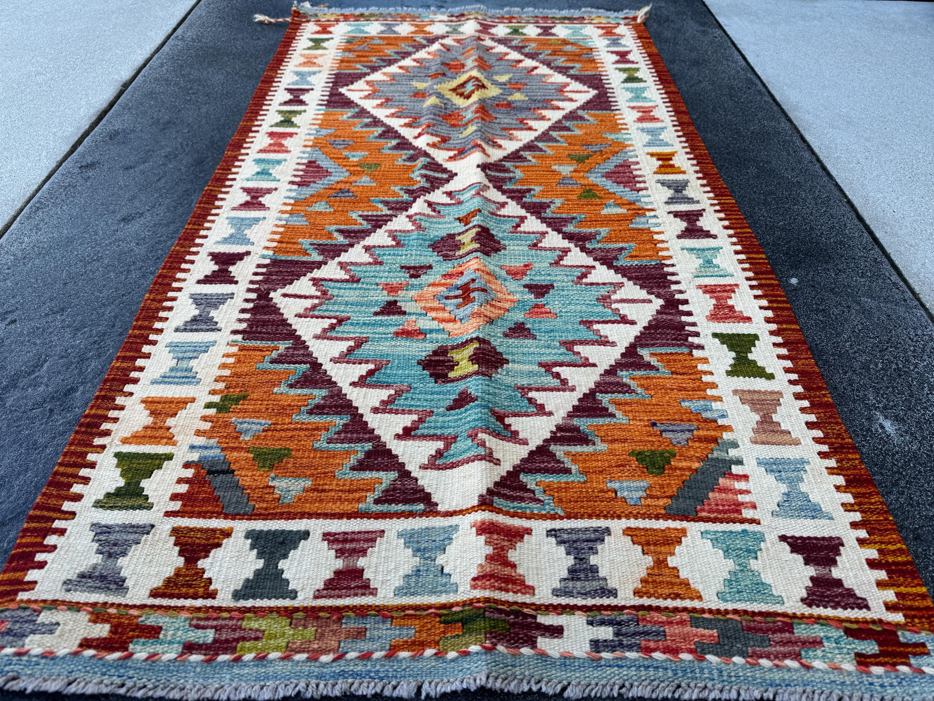3x5 Handmade Afghan Kilim Rug | Burnt Peach Orange Cream Baby Aqua Prussian Blue Forest Moss Green Crimson Brick Red Purple Grey | Wool