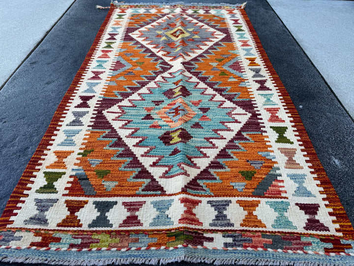 3x5 Handmade Afghan Kilim Rug | Burnt Peach Orange Cream Baby Aqua Prussian Blue Forest Moss Green Crimson Brick Red Purple Grey | Wool