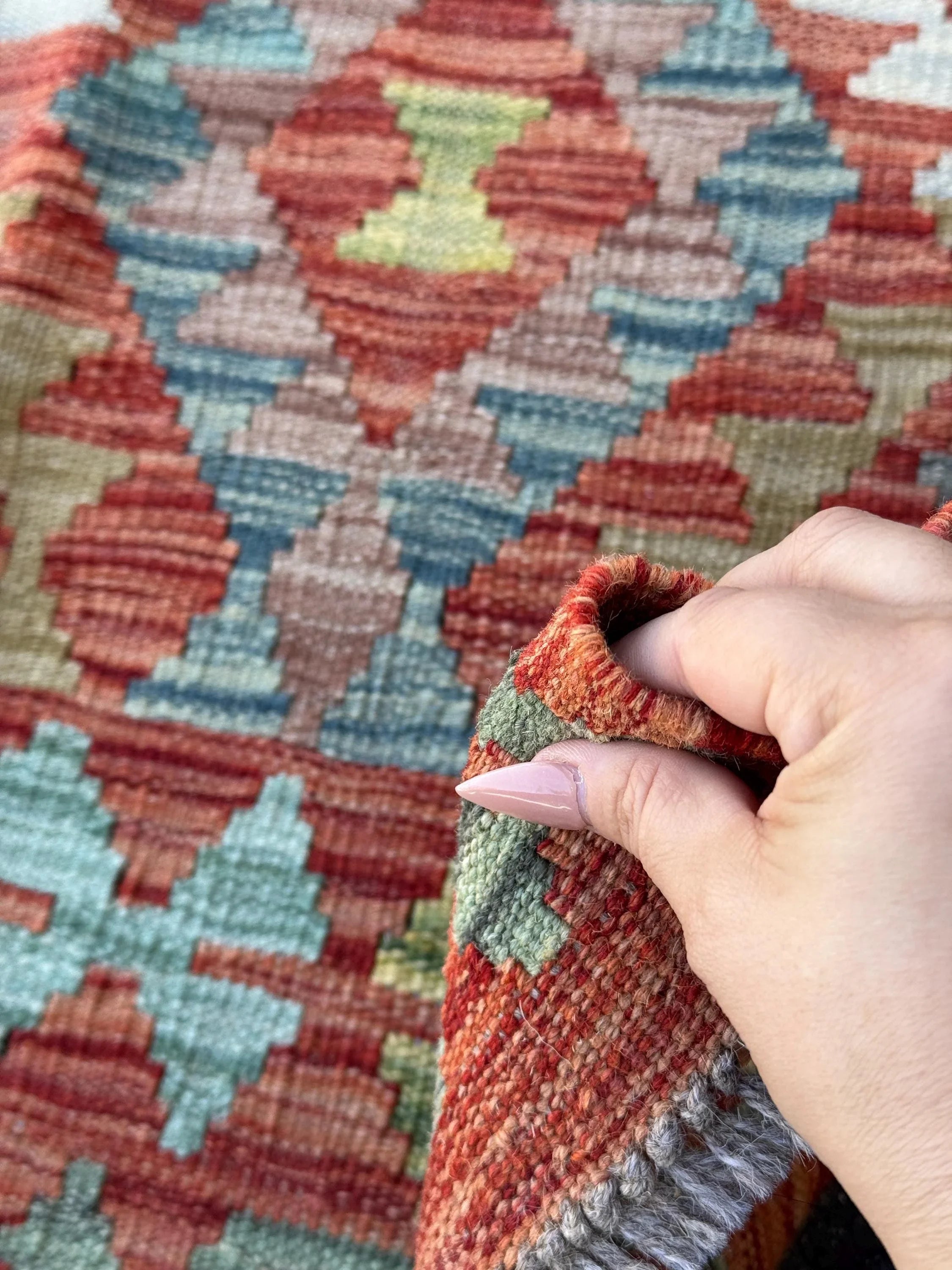 3x5 (91x152) Handmade Afghan Kilim Rug | Brick Red Burnt Peach Orange Moss Olive Green Aqua Denim Prussian Powder Blue | Wool Flatweave