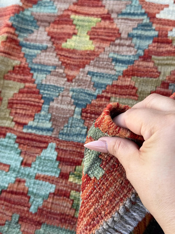 3x5 (91x152) Handmade Afghan Kilim Rug | Brick Red Burnt Peach Orange Moss Olive Green Aqua Denim Prussian Powder Blue | Wool Flatweave