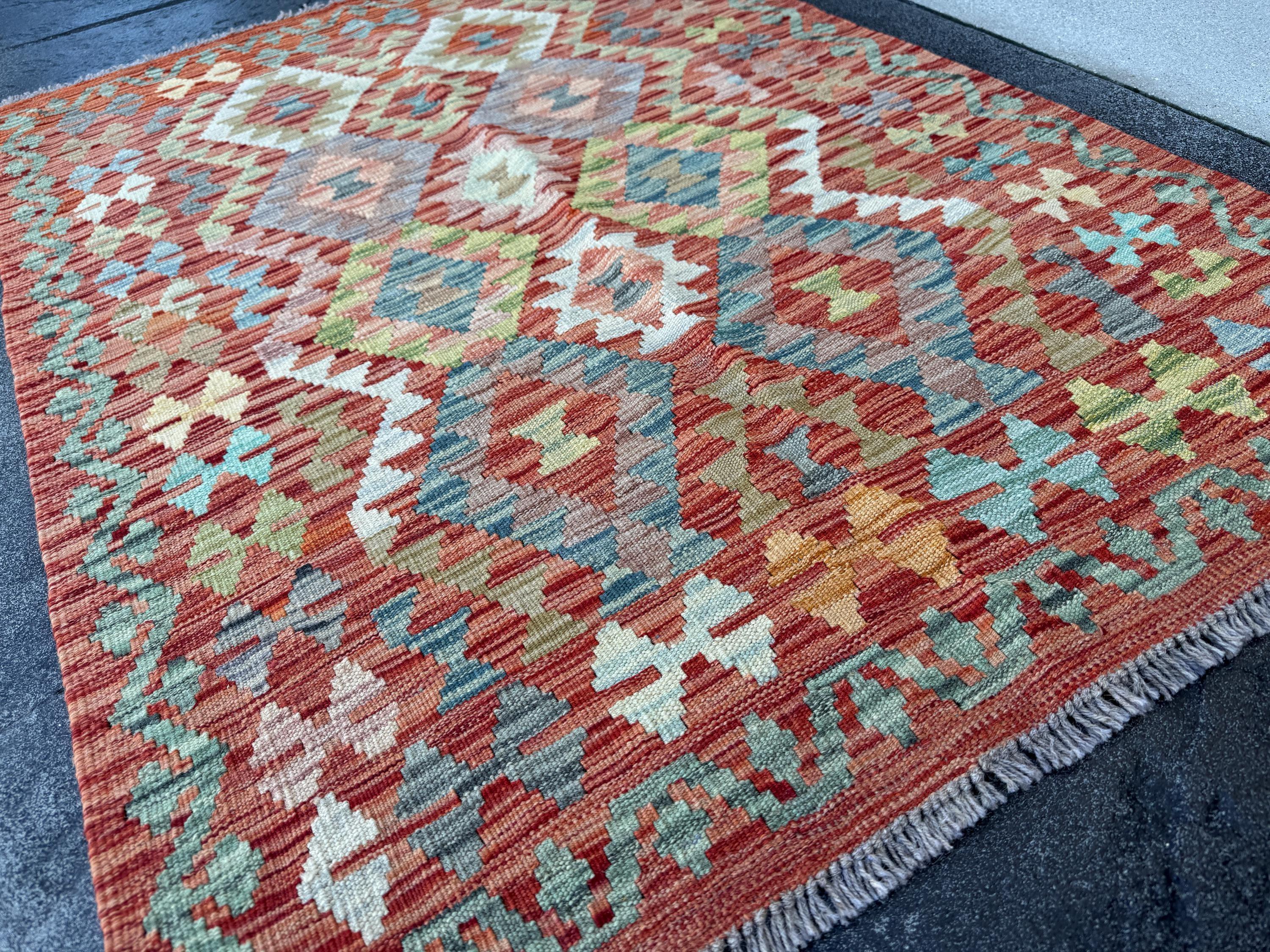 3x5 (91x152) Handmade Afghan Kilim Rug | Brick Red Burnt Peach Orange Moss Olive Green Aqua Denim Prussian Powder Blue | Wool Flatweave