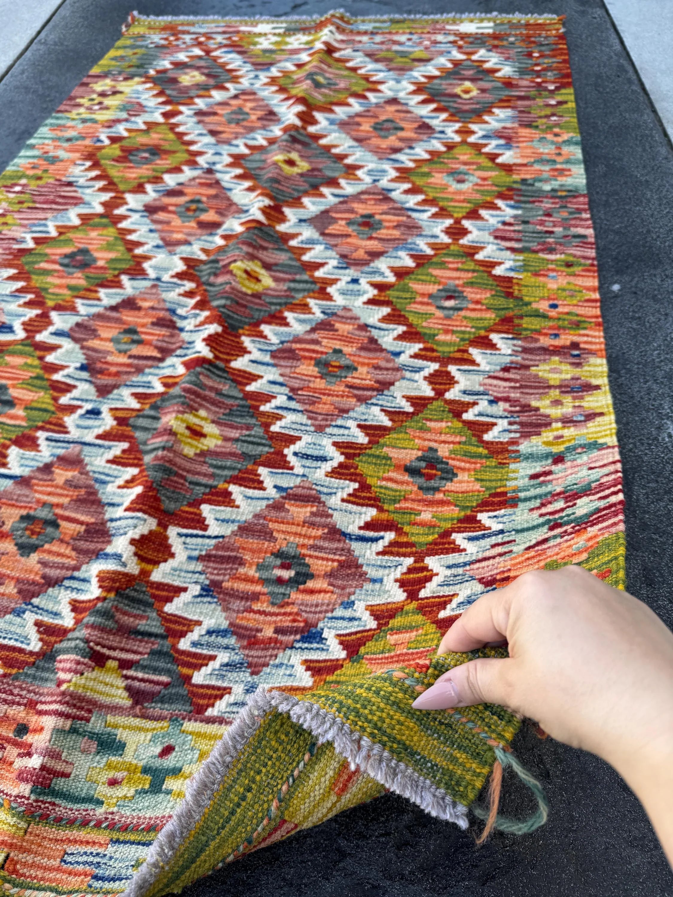 3x5 Handmade Afghan Kilim Rug | Chartreuse Moss Olive Green Auburn Red Denim Baby Blue Grey Cream Maroon Wine Red White | Wool Flatweave