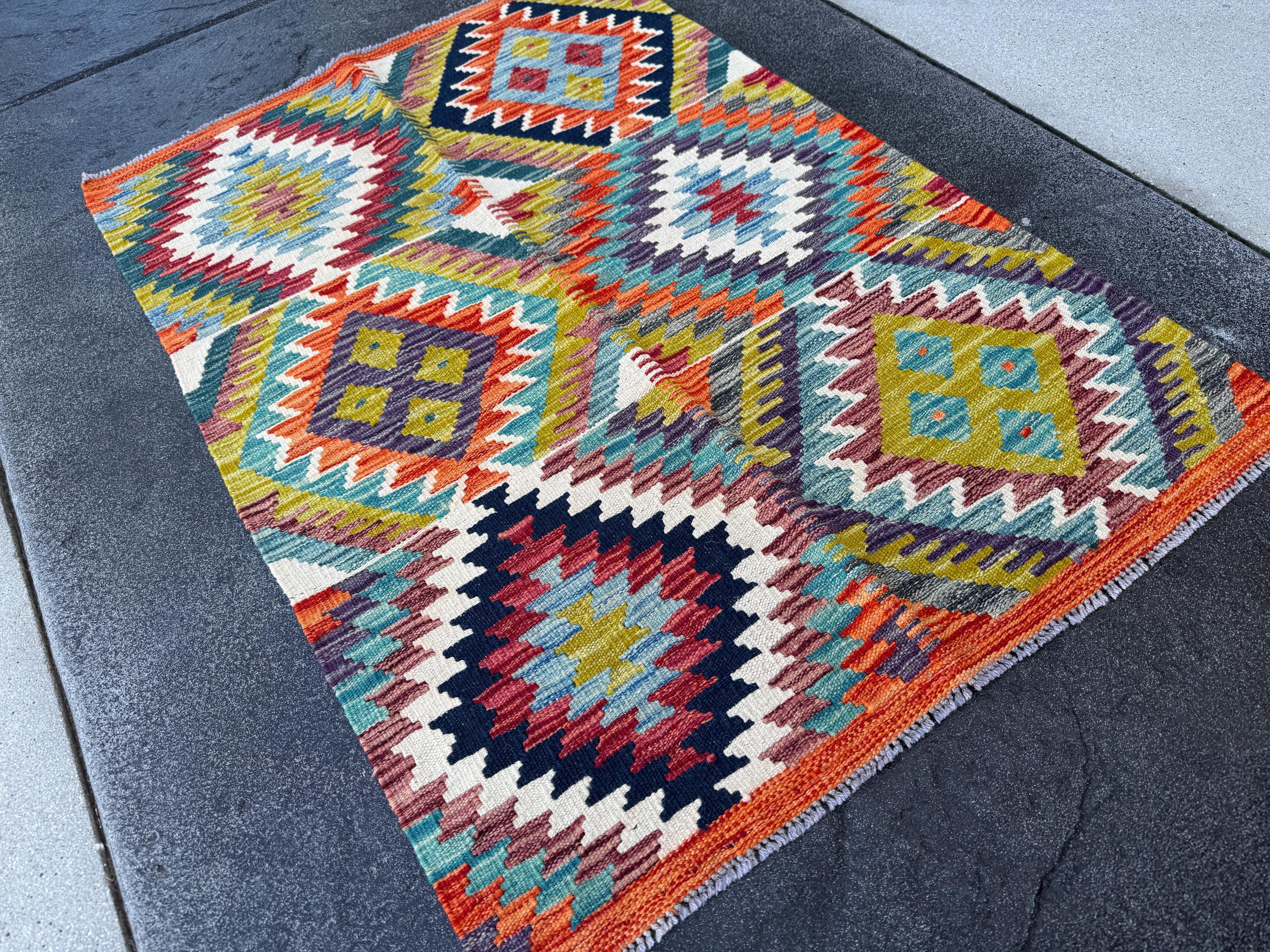 3x4 Handmade Afghan Kilim Rug | Moss Olive Chartreuse Green Teal Denim Prussian Navy Midnight Blue Cream White Orange Auburn Red Purple Grey