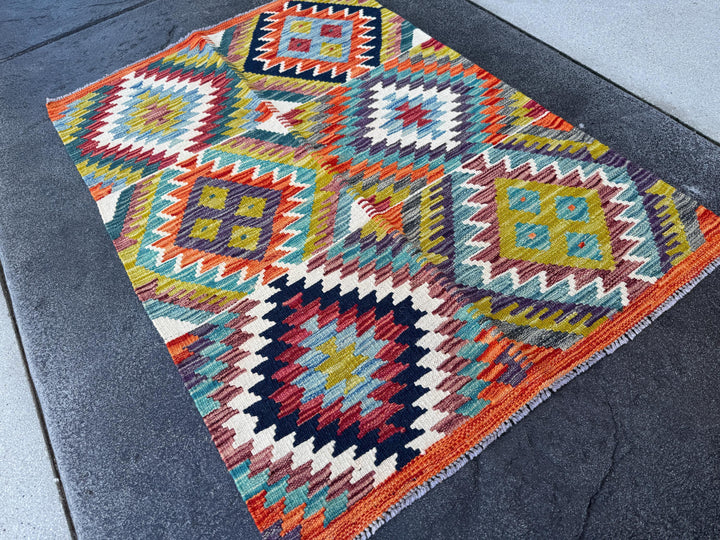 3x4 Handmade Afghan Kilim Rug | Moss Olive Chartreuse Green Teal Denim Prussian Navy Midnight Blue Cream White Orange Auburn Red Purple Grey