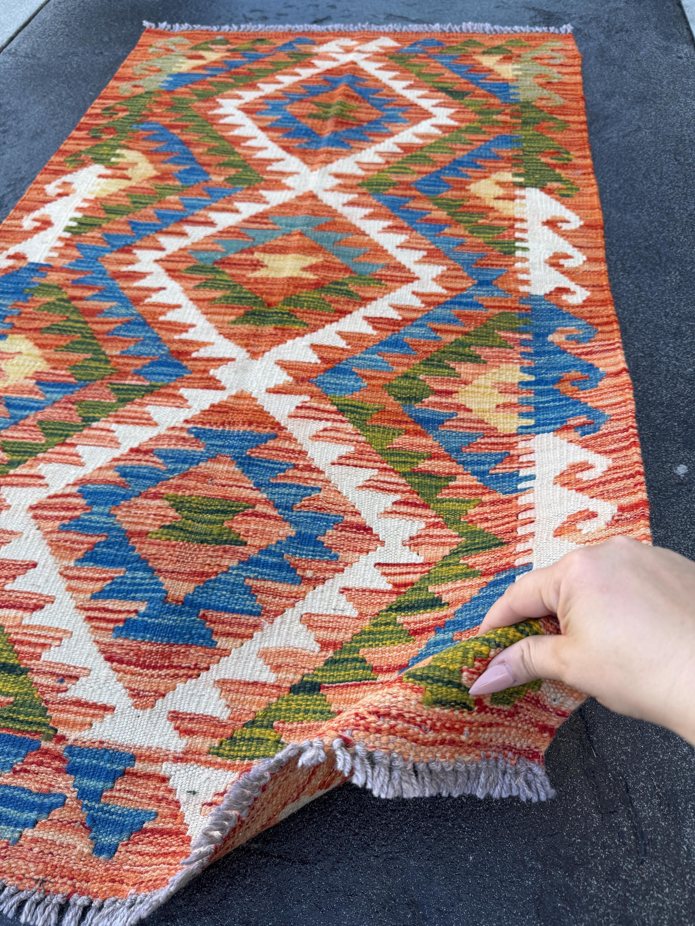 3x4 (91x121) Handmade Afghan Kilim Rug | Orange Royal Denim Blue Cream White Forest Sage Green Yellow Teal | Wool Flatweave Reversible