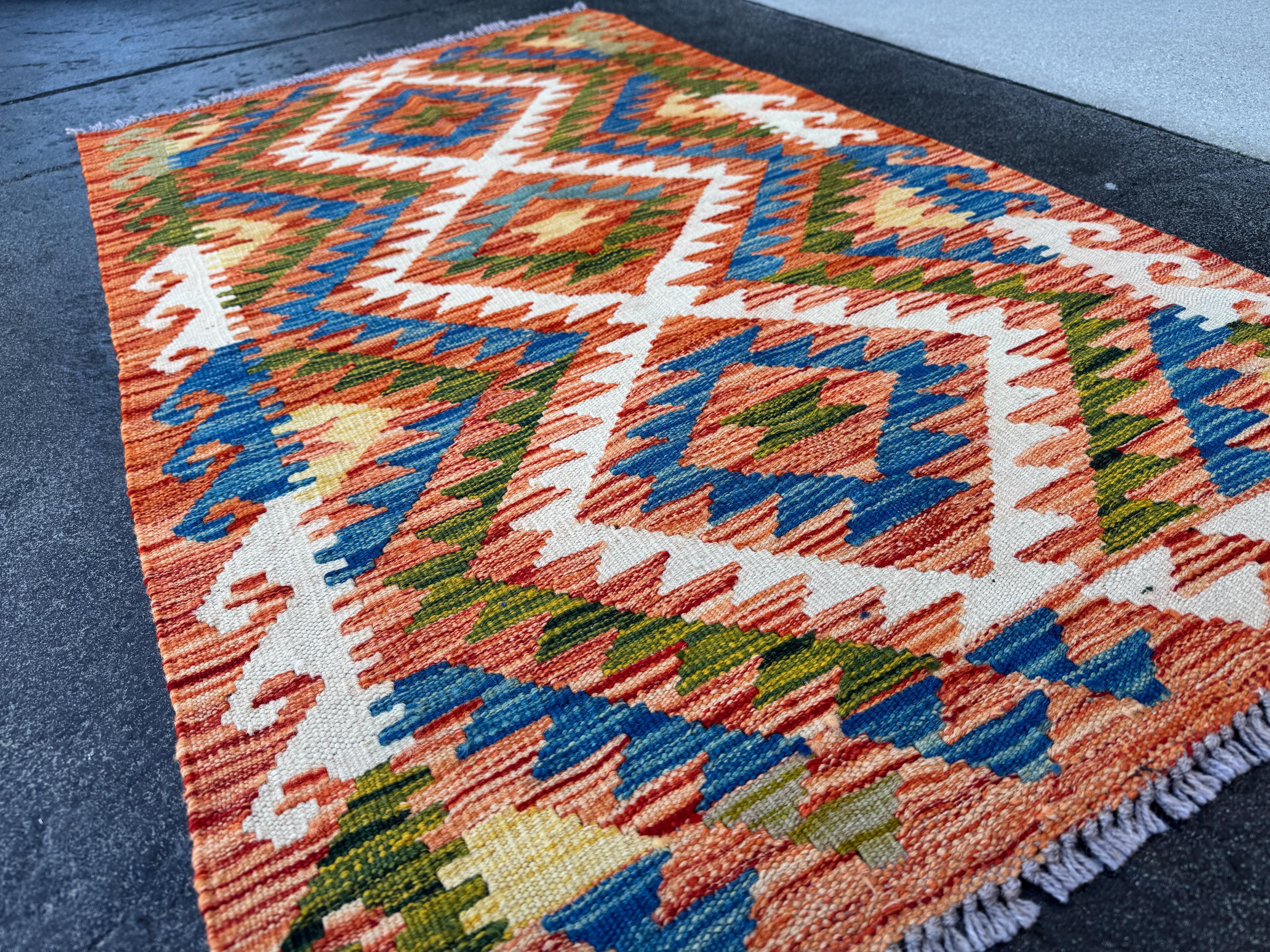 3x4 (91x121) Handmade Afghan Kilim Rug | Orange Royal Denim Blue Cream White Forest Sage Green Yellow Teal | Wool Flatweave Reversible